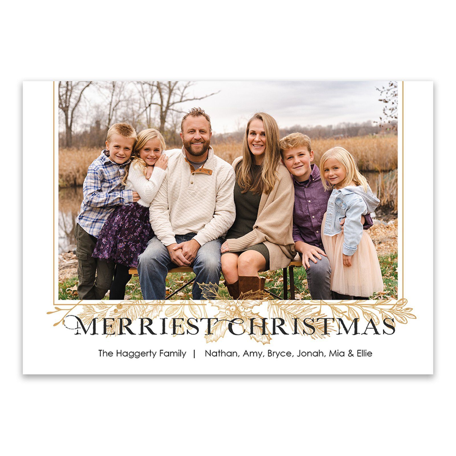 A family is sitting on a bench in a field on a christmas card.