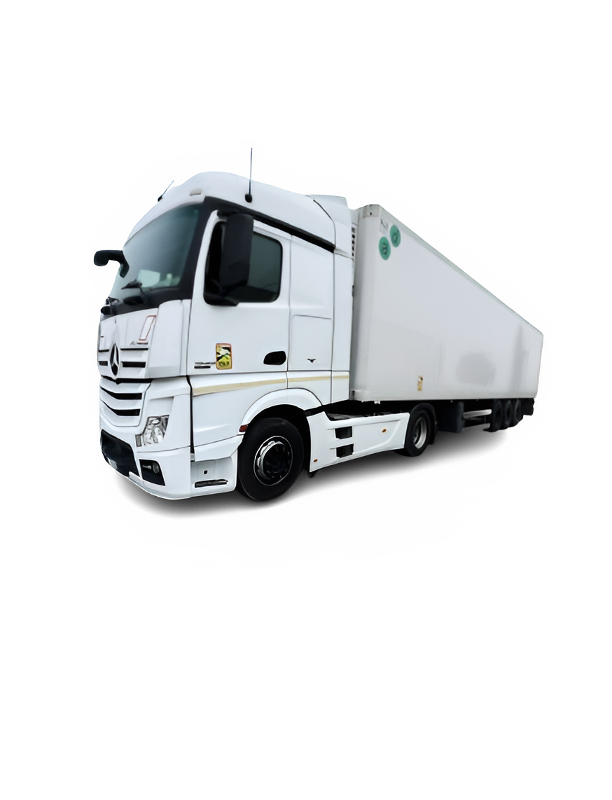 Un camion bianco è parcheggiato su uno sfondo bianco.