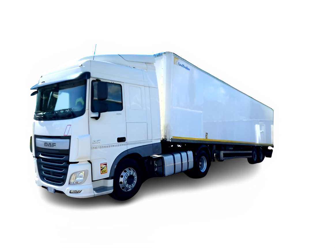 Un camion bianco è parcheggiato su uno sfondo bianco.