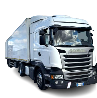 Un camion bianco con la scritta Scania sul davanti