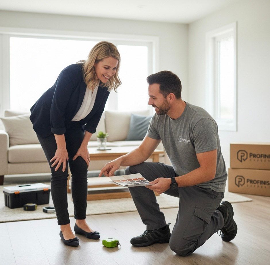 Woman and contractor reviewing flooring samples in a home. The contractor kneels and points.