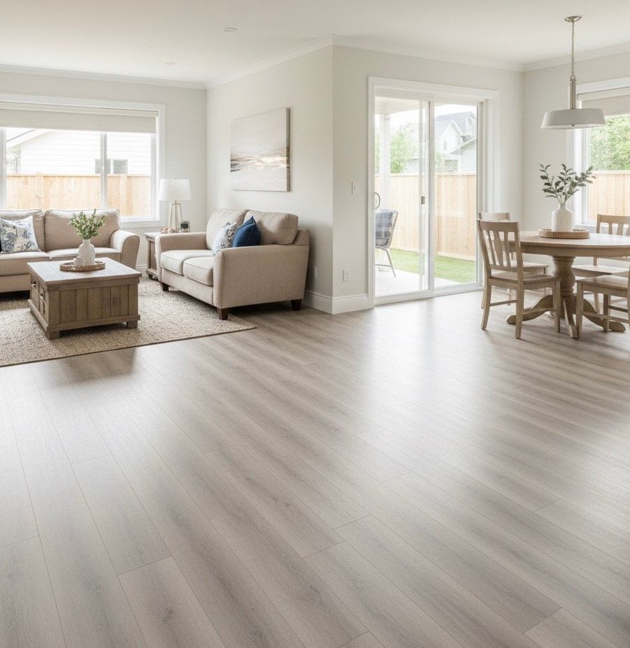 Spacious living room with light wood floors, sofas, round dining table, and sliding door to patio.