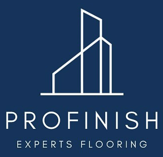 Logo for ProFinish flooring; white building outline on dark blue background, text "ProFinish, Experts Flooring".