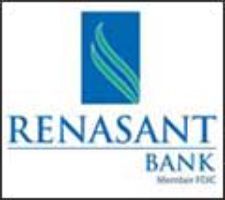Renasant Bank logo with blue text and a blue square icon containing two abstract green leaves.