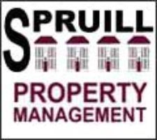 Logo for Spruill Property Management featuring the company name in black and maroon text above four simple house icons.