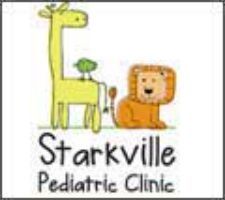 Logo for Starkville Pediatric Clinic featuring a yellow giraffe, a small green bird, and a brown lion.