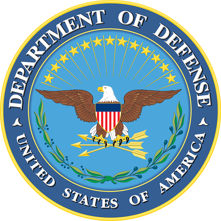 Department of Defense seal: Bald eagle with wings spread, holding arrows and an olive branch, surrounded by stars and text.