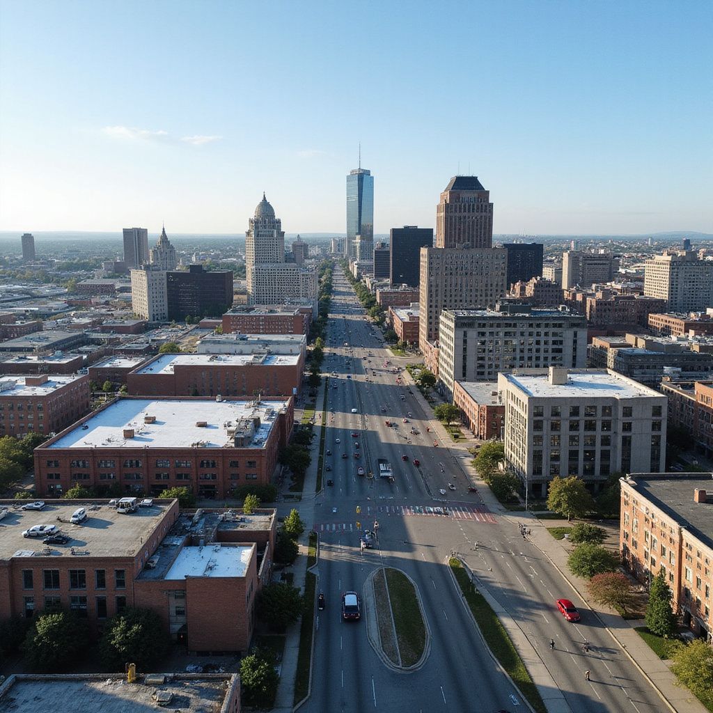 Cityscape with tall buildings and a long street running through it under a blue sky.