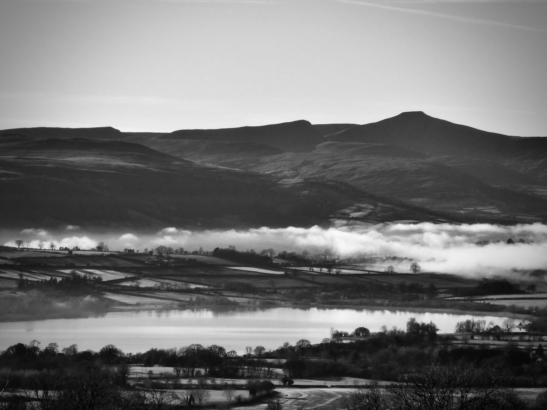 View from Cockpit hill to Pen y Fan and Llangorse lake