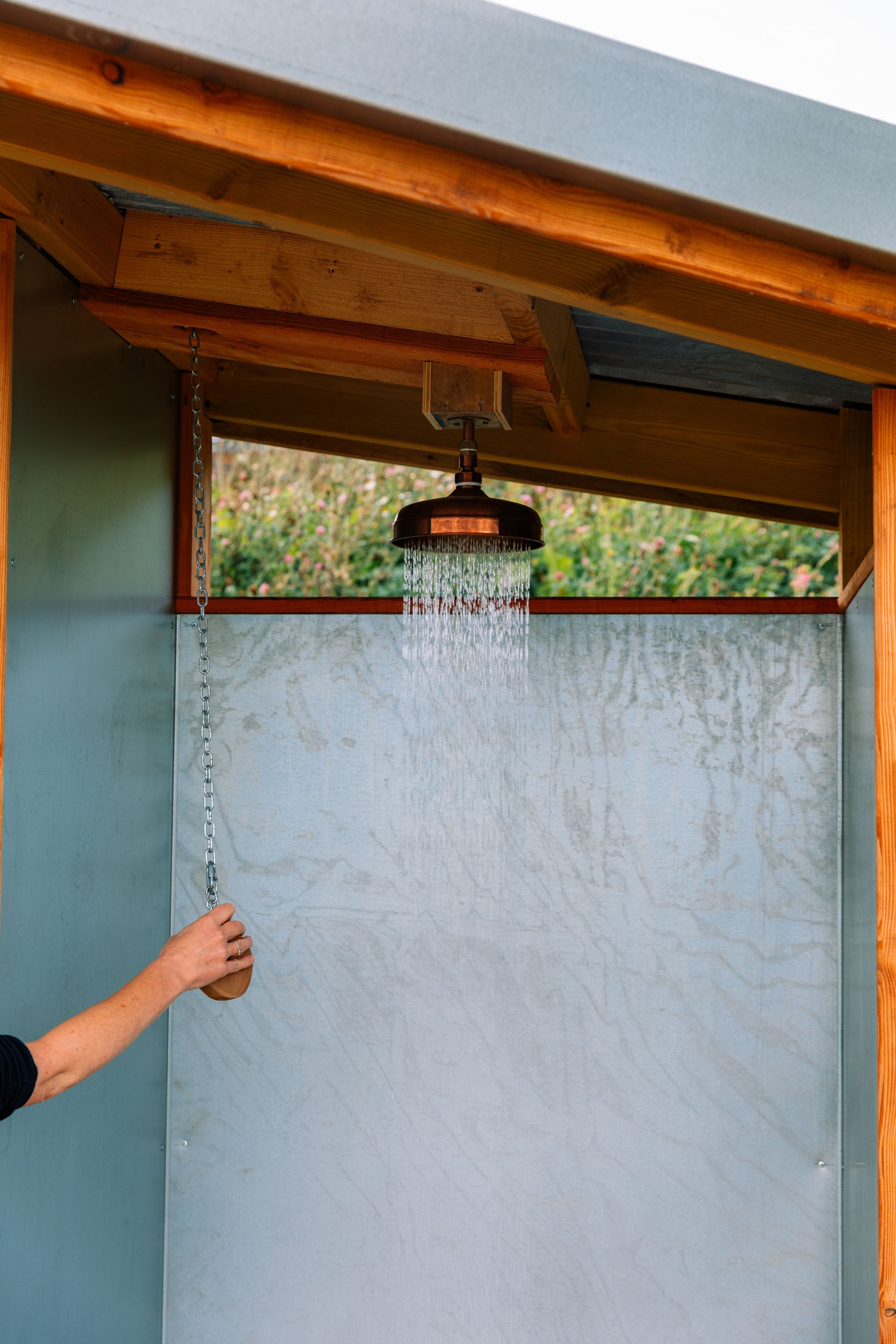 The copper shower head at the sauna at Welsh Lavender