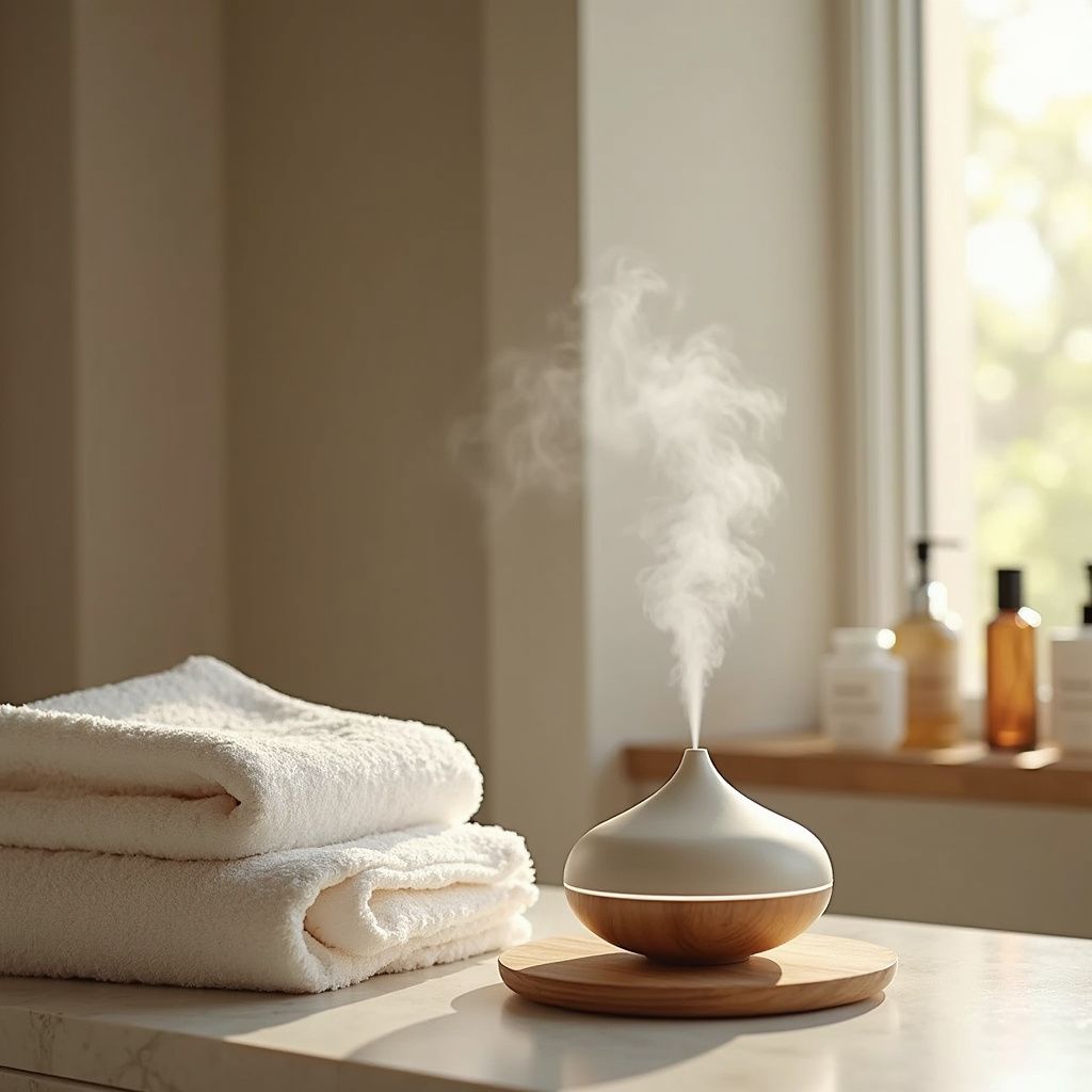 Stack of white towels and essential oil diffuser on a counter in a bathroom with window light.