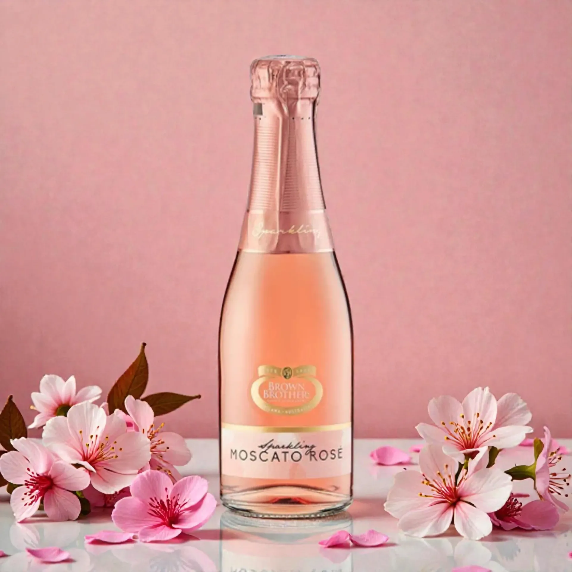 Bottle of pink Moscato Rosé with pink flowers on a white surface, set against a pink backdrop.