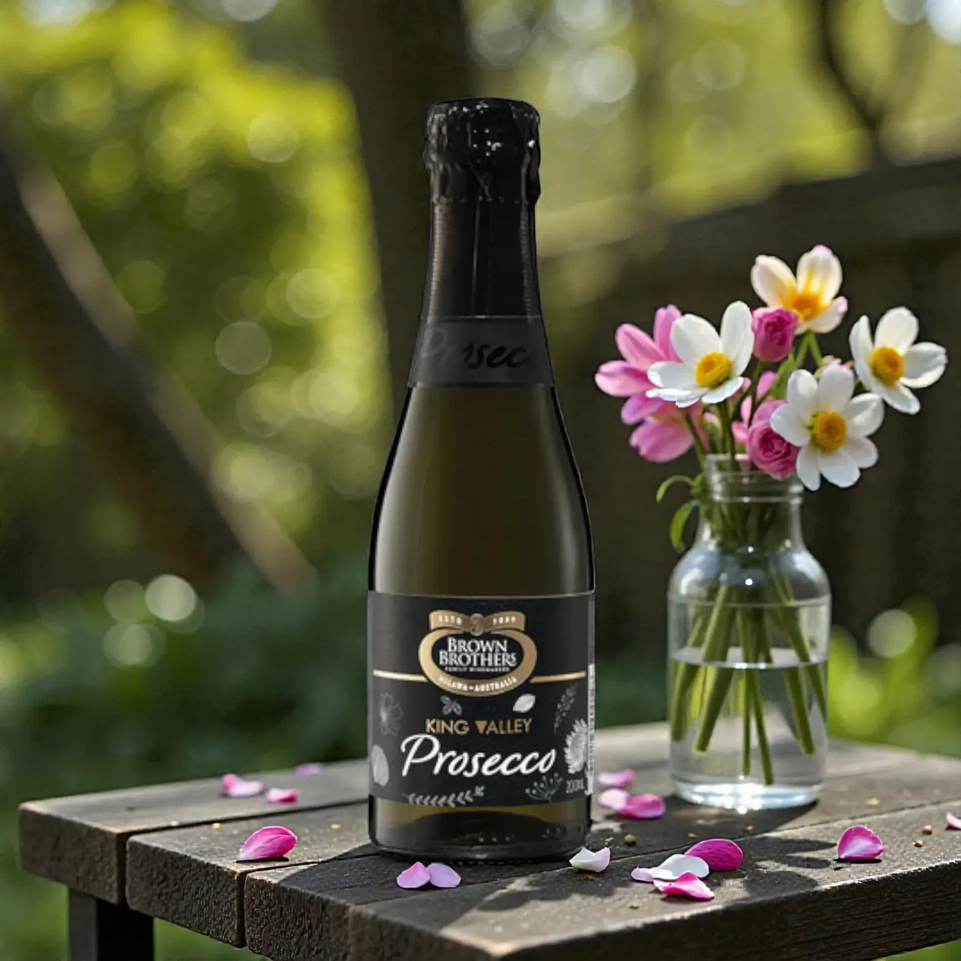 Bottle of Prosecco next to a vase of white and pink flowers on a wooden table, outside.