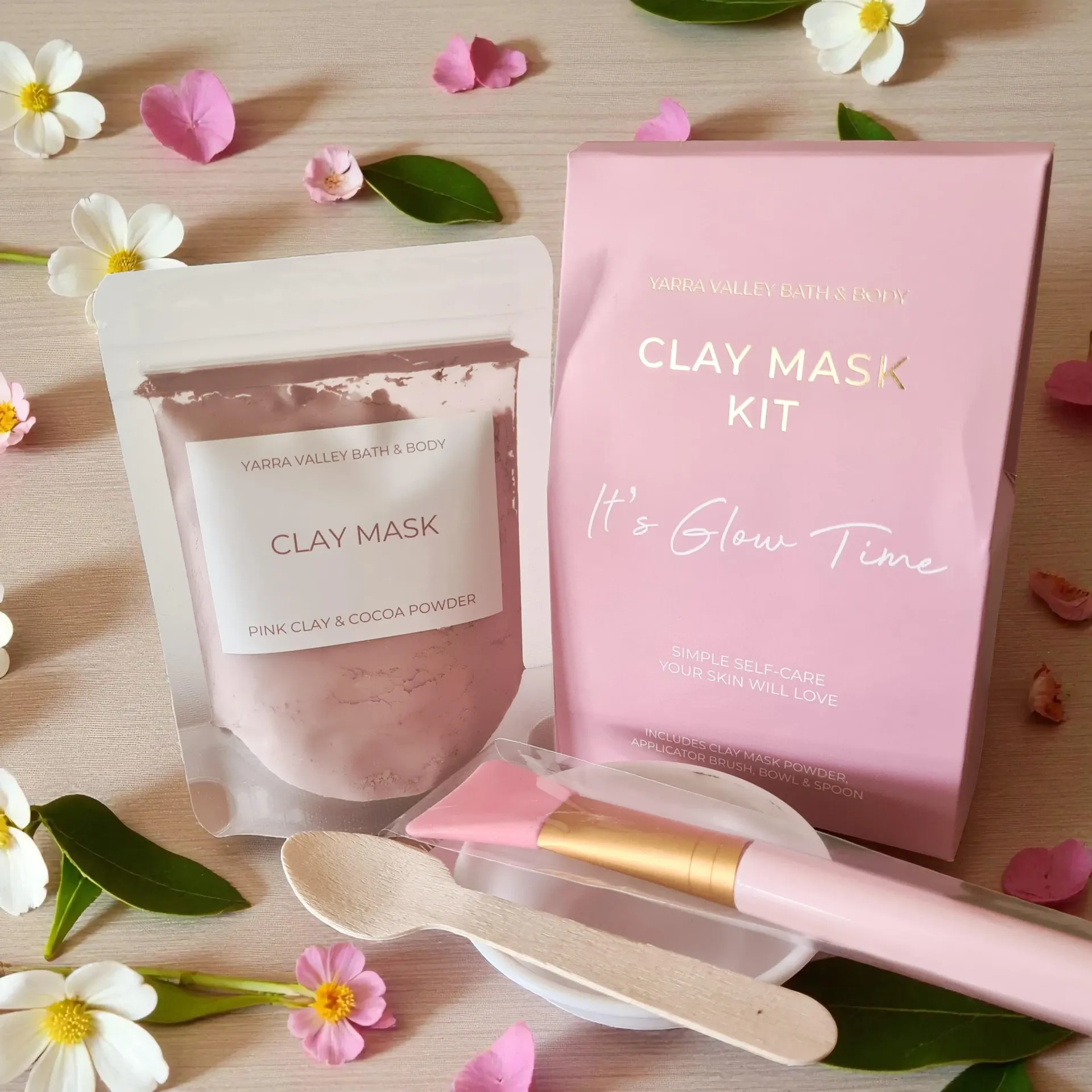 Pink clay mask kit box with text 