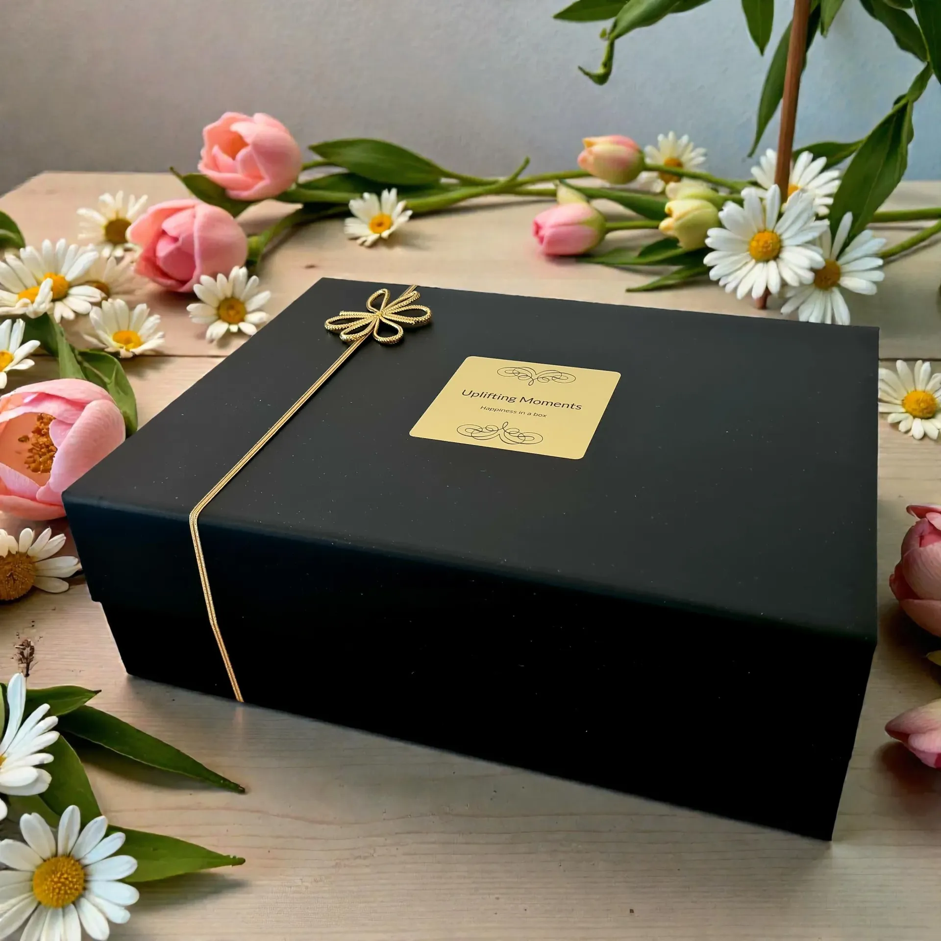 Black gift box with gold ribbon and label, surrounded by daisies and pink tulips.