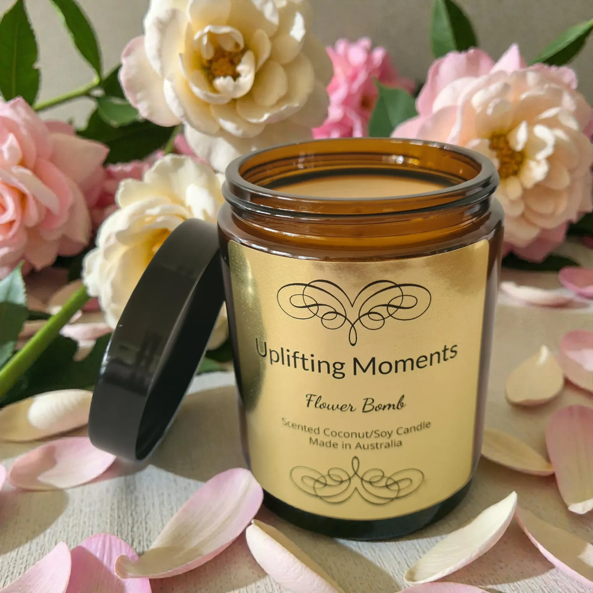 Candle jar with gold label, 