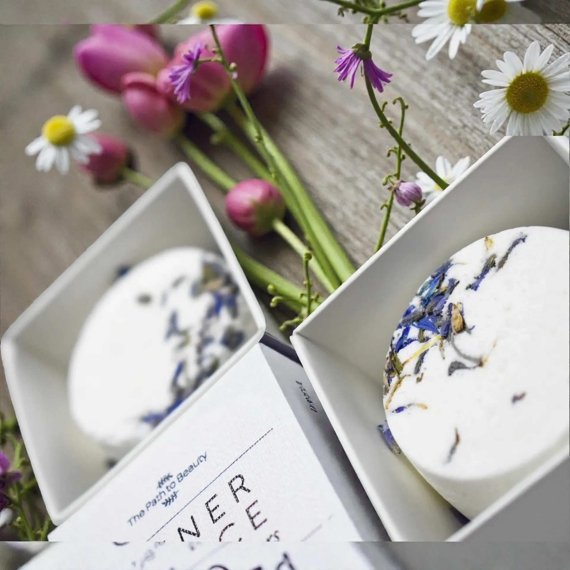 Bath bombs in boxes, decorated with flowers, next to a bouquet of flowers.