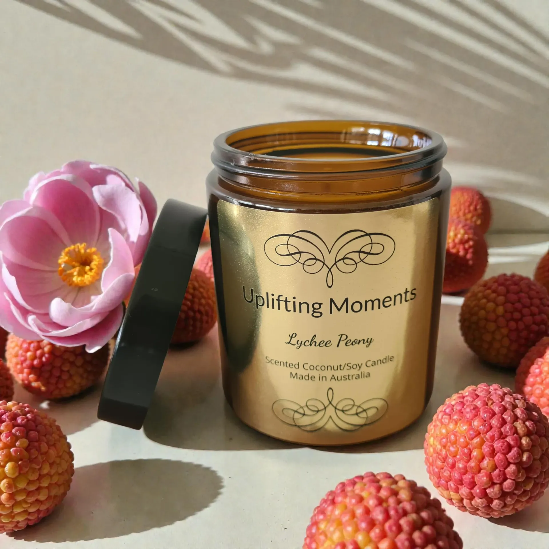 Candle jar with gold label, 