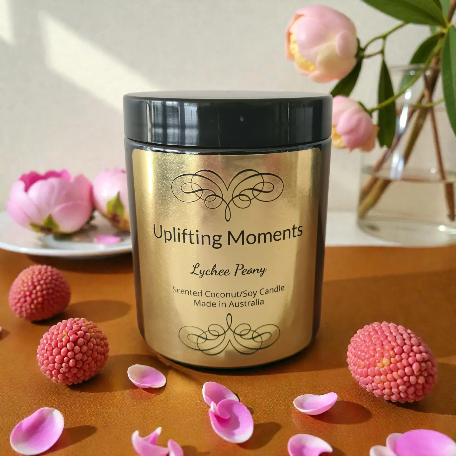 Candle jar with gold label, 