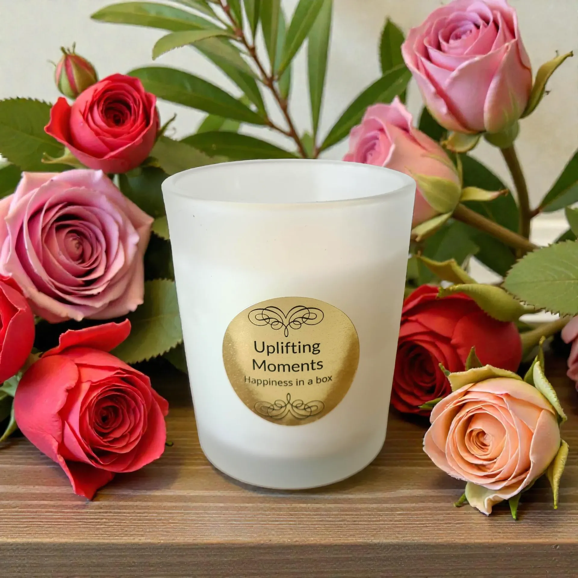 Frosted white candle with gold label, surrounded by colorful roses and greenery on wooden surface.
