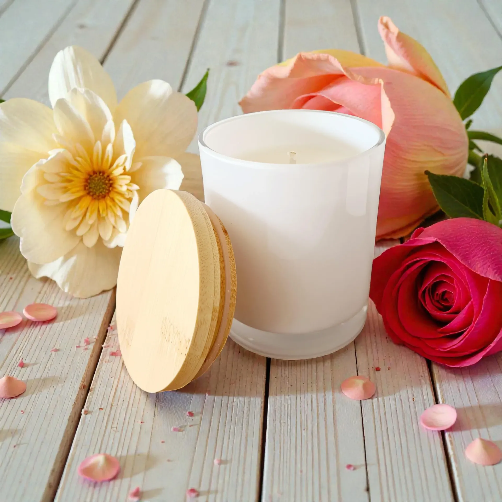 White candle, macaron, and roses on a white wooden surface. Soft lighting, floral arrangement.