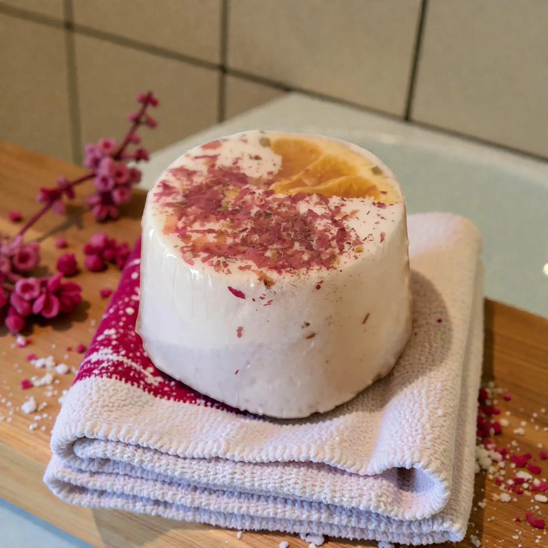 Bath bomb on a folded white towel atop a wooden board. It's decorated with pink and yellow petals, in a bathroom.