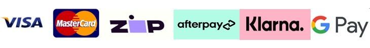 Accepted payment methods: Visa, Mastercard, Zip, Afterpay, Klarna, and Google Pay.