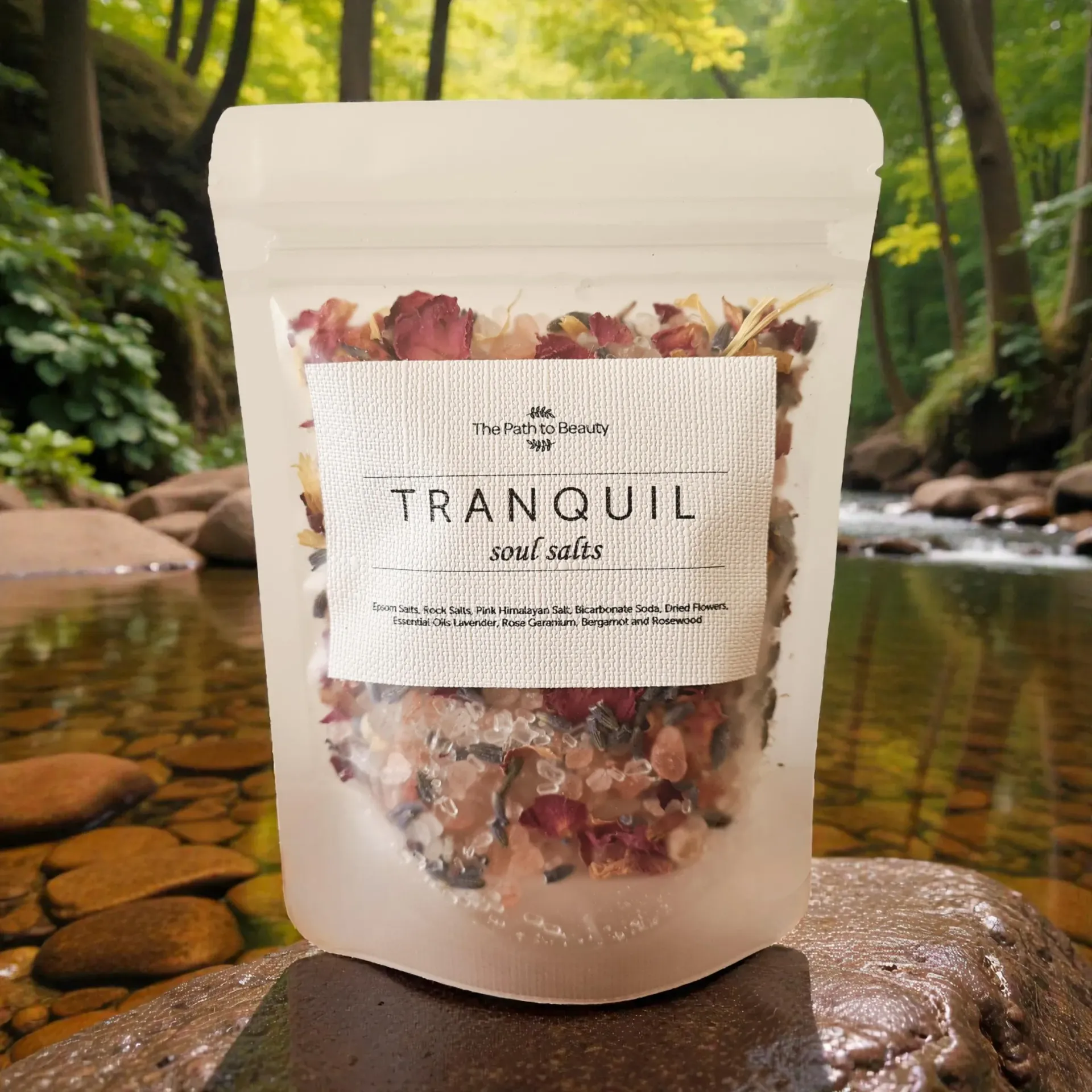 Bag of bath salts labeled 