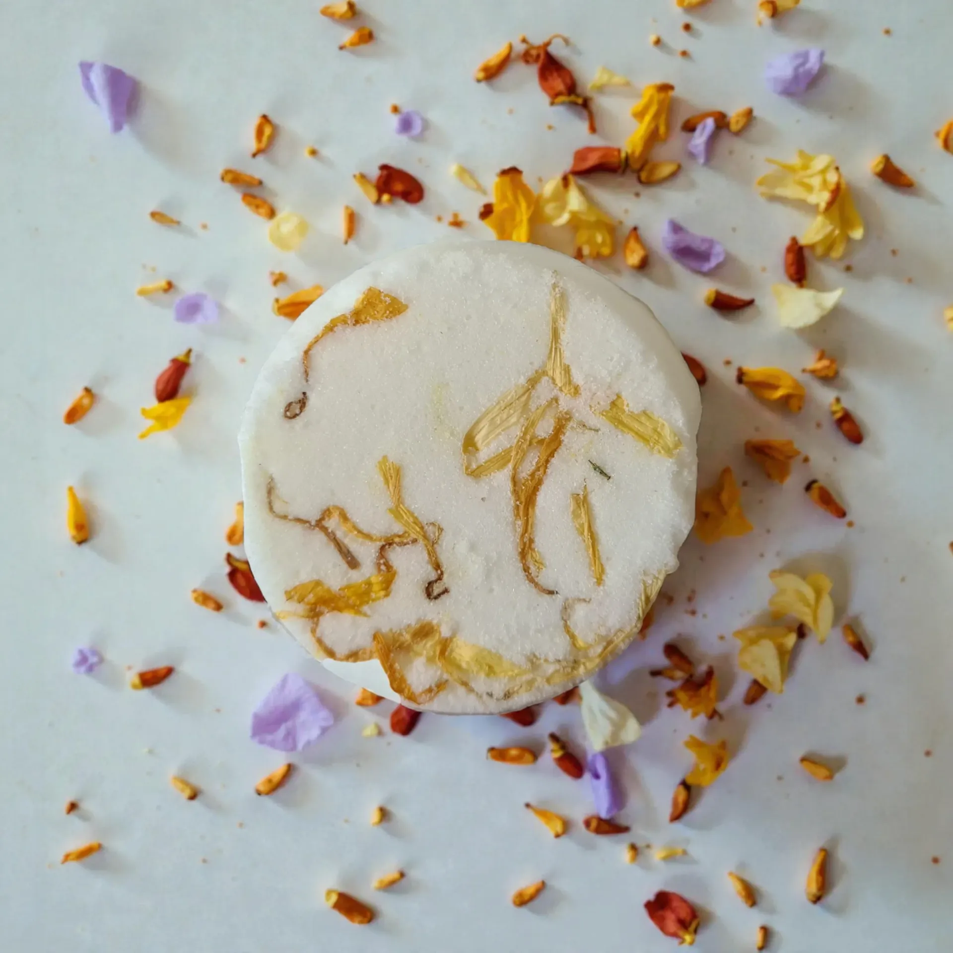 White box with pink label that reads 