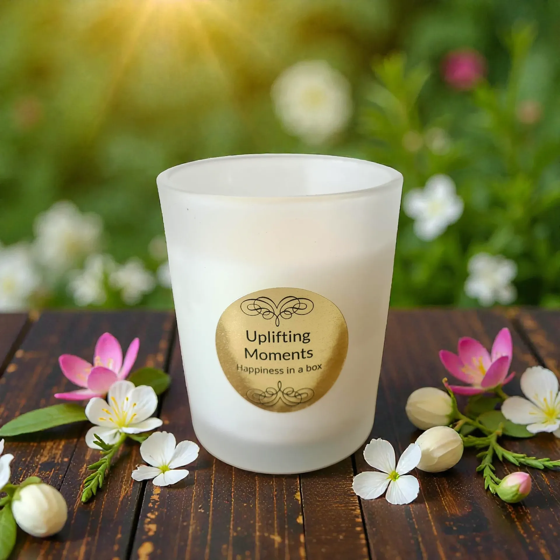 White candle in a frosted glass with a gold label, surrounded by flowers on a wooden table, outside with green plants.