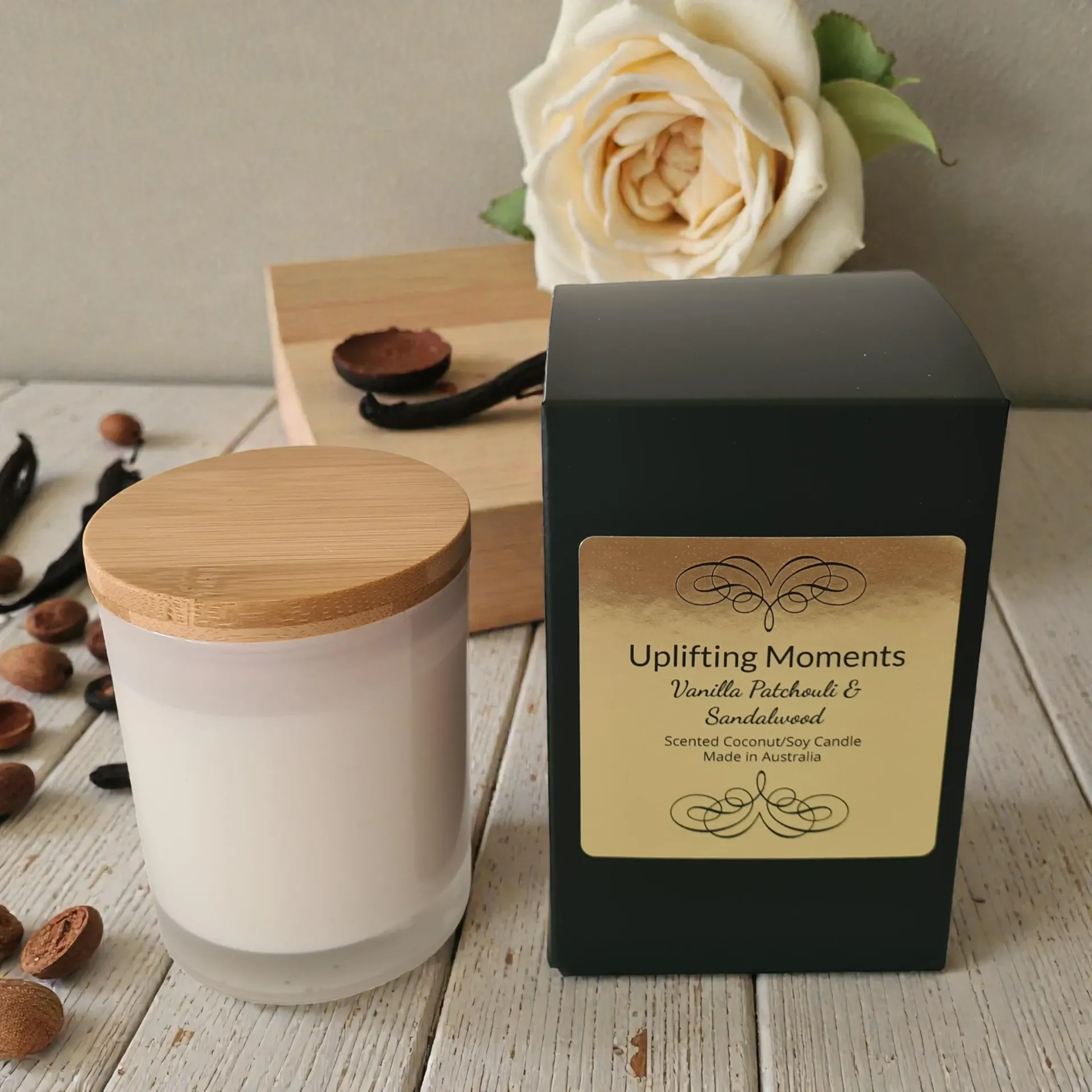 Candle and packaging labeled 