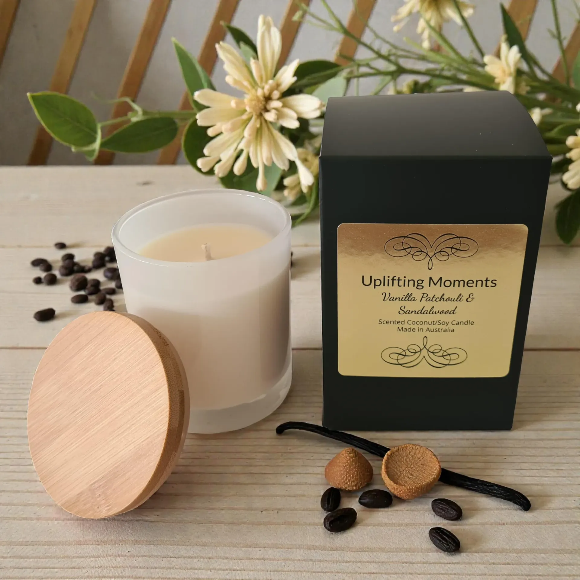 Candle and packaging labeled 