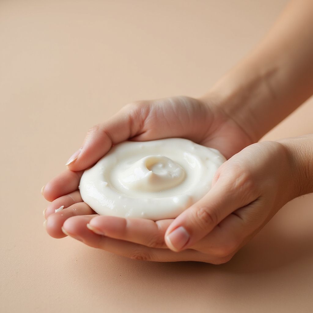 Hands holding a swirl of white cream, against a light tan background.