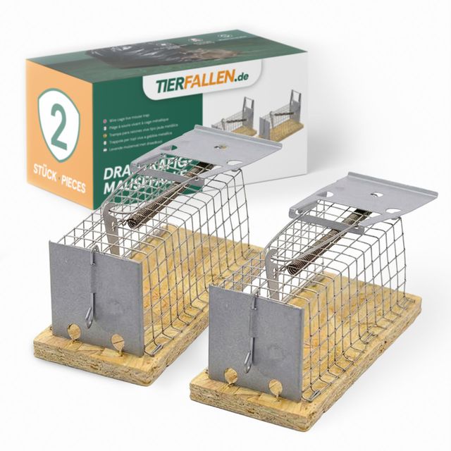 Zwei Drahtmausefallen auf Holzsockeln neben einer Produktbox von TIERFALLEN.de.