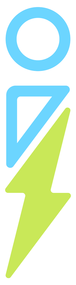 Light blue circle over a light blue triangle over a green lightning bolt.