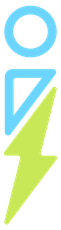 Light blue circle over a light blue triangle over a green lightning bolt.