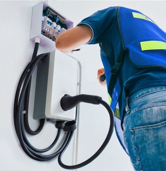 Electrician installing EV charger on a white wall, wearing blue vest, jeans, and bending over.