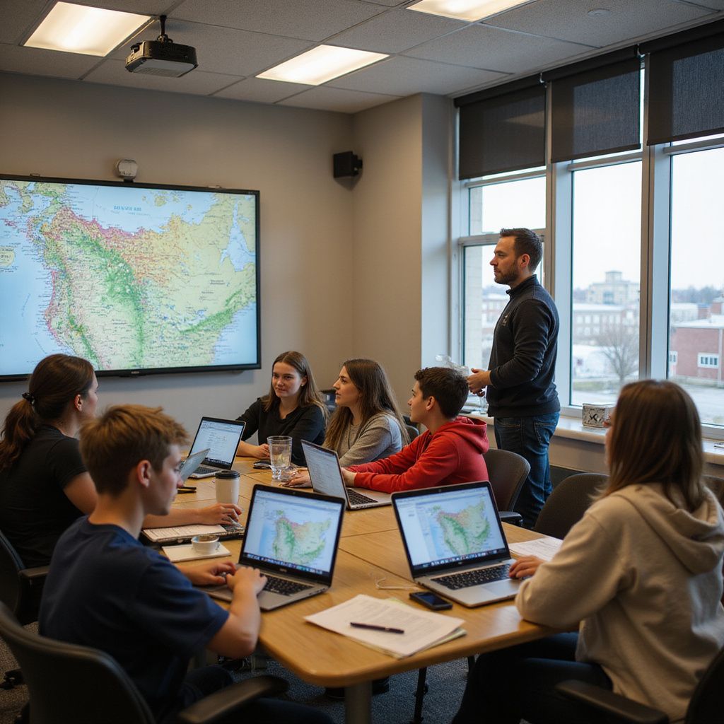 Tre uomini d'affari guardano le mappe su un tavolo da conferenza. Uno indica mentre gli altri osservano.