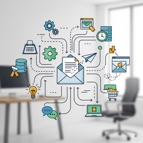 Email marketing concept with a central email icon and connected icons in an office setting.