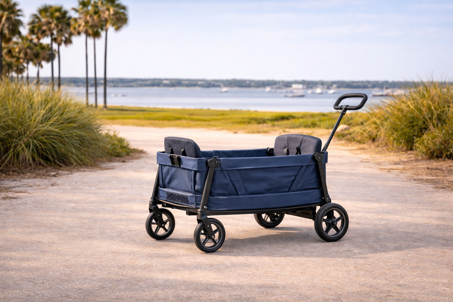 A navy blue collapsible wagon with two seats stands on a sandy beach path near palm trees and water.