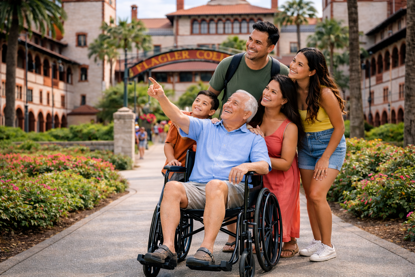 A family tours Flagler College, with a group member in a wheelchair pointing toward the campus building.