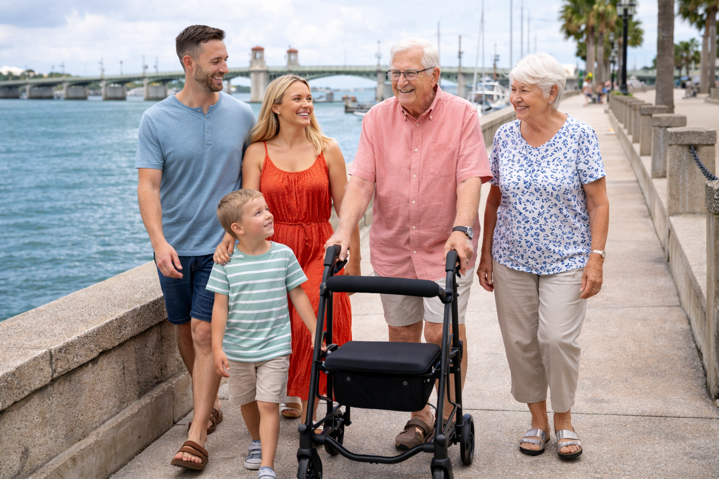 A multi-generational family walks along a sunny, paved waterfront path near a bridge, including a person using a walker.