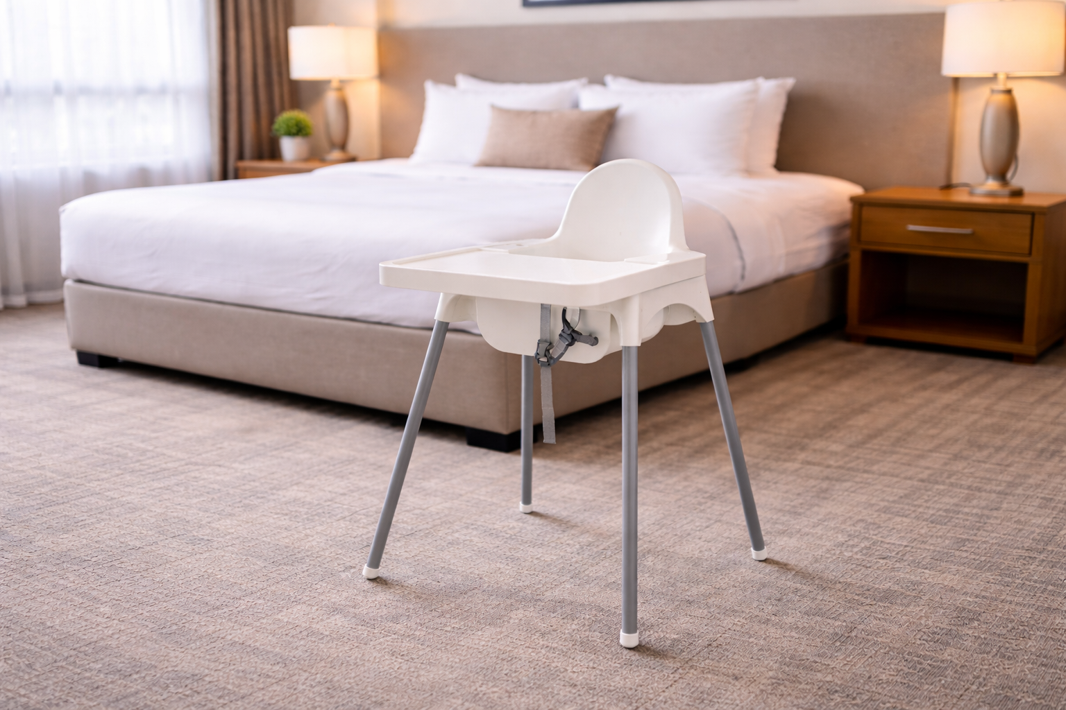 A white plastic baby high chair standing on a carpeted floor in a hotel bedroom.