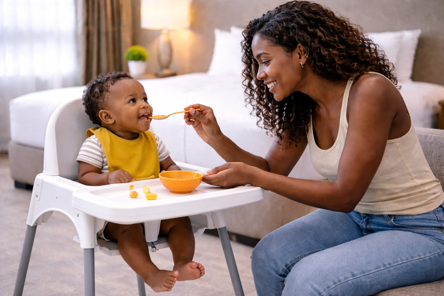 A person feeds a baby in a high chair in a bedroom.
