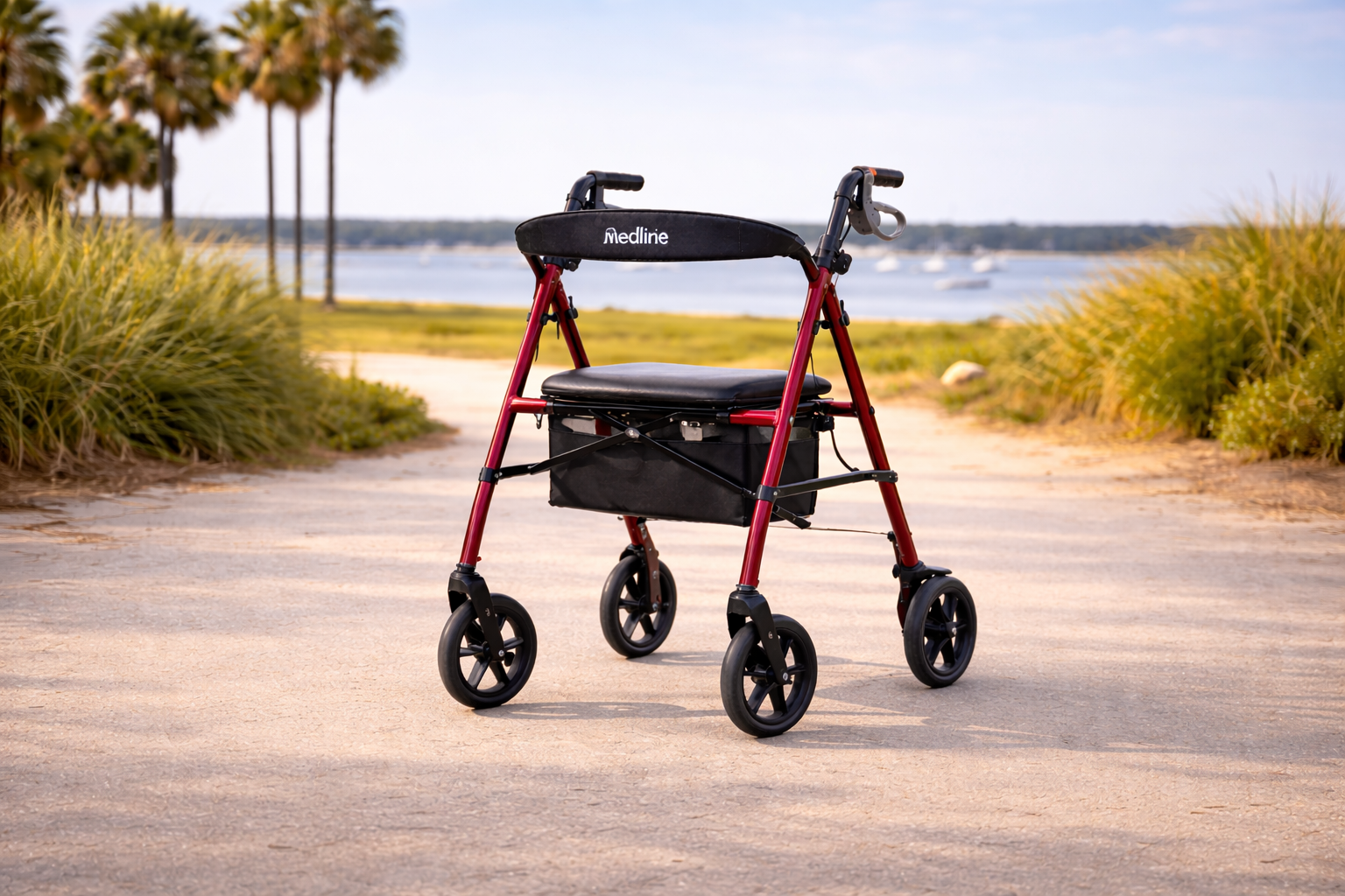 A red rollator walker with a seat and storage bag sits on a paved path outdoors near a body of water and palm trees.