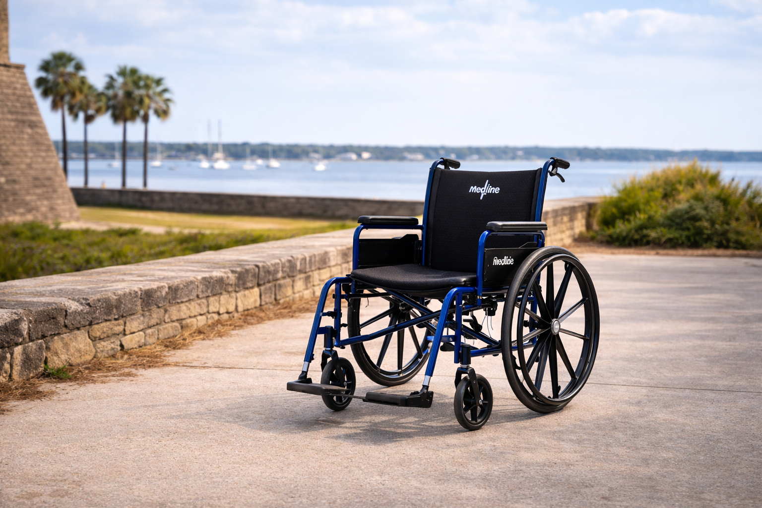 Blue manual wheelchair with black seat and backrest parked on a waterfront path near stone walls and palm trees.