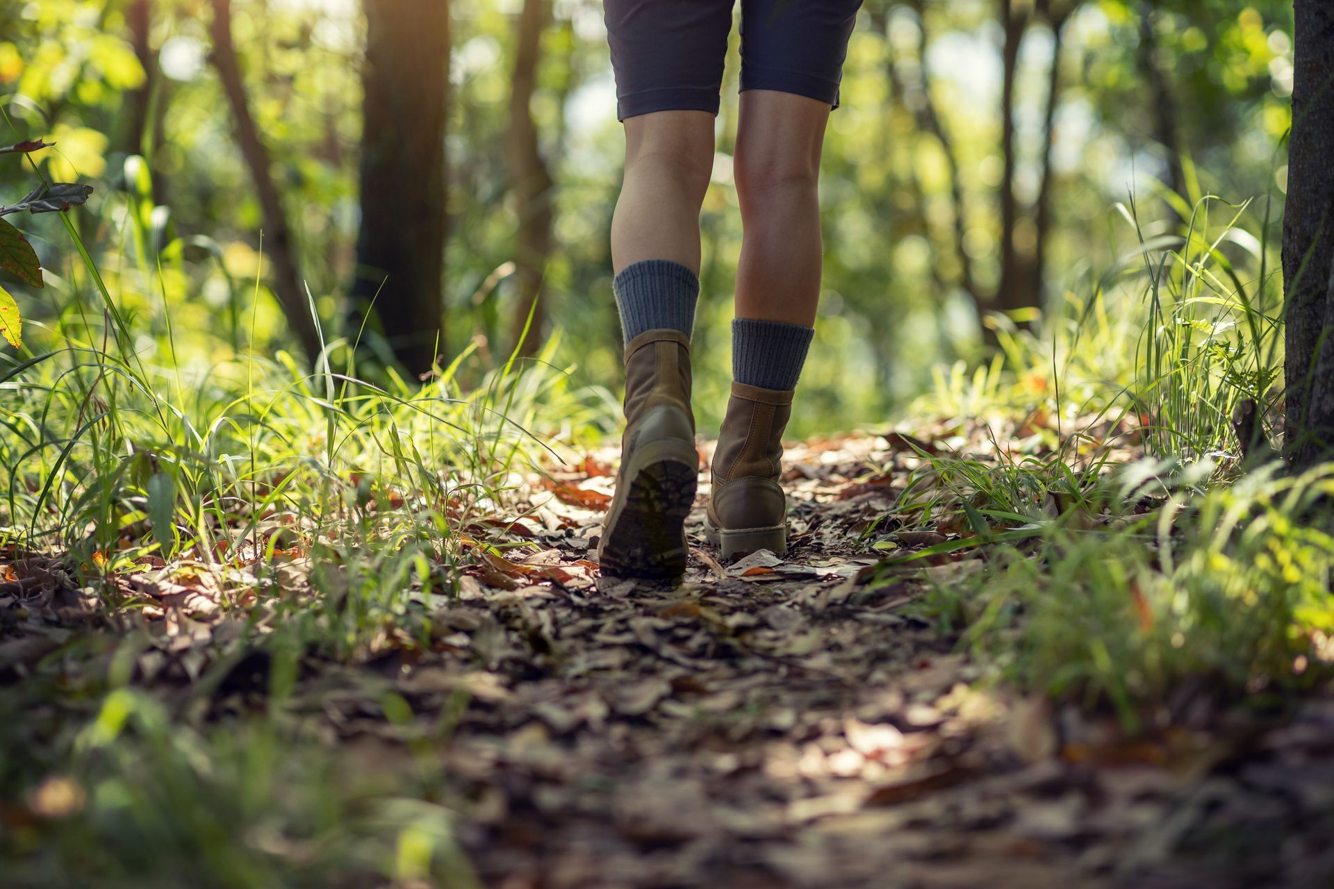 Person hiking on a forest trail, wearing boots and socks, surrounded by foliage and sunlight.