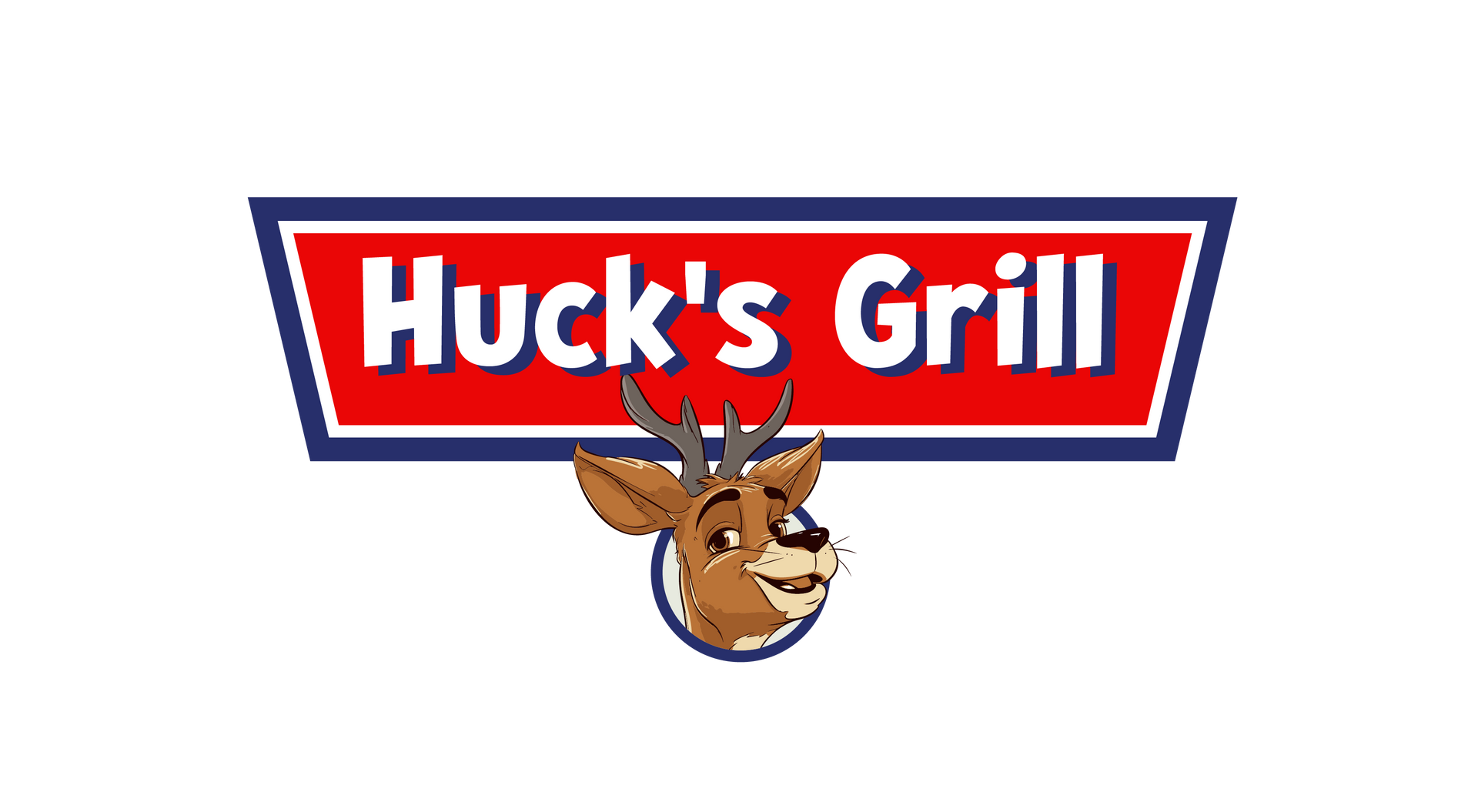 The logo for huck 's grill has a deer head on it.