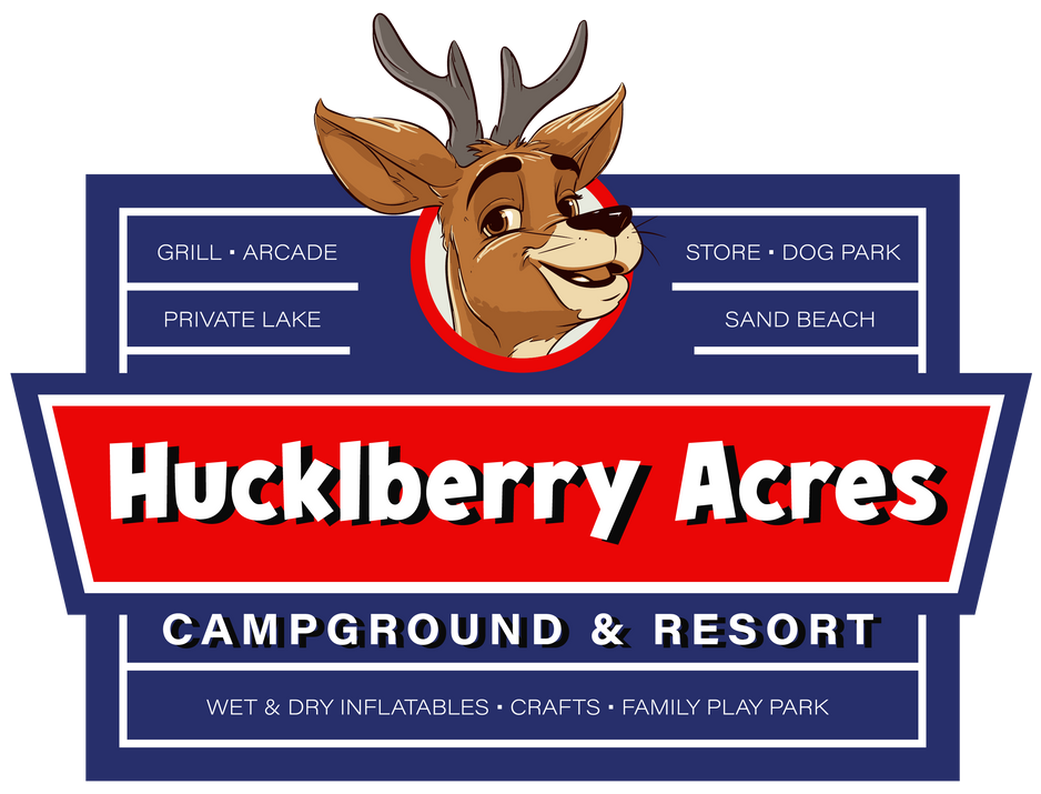 A logo for huckleberry acres campground and resort with a deer on it.