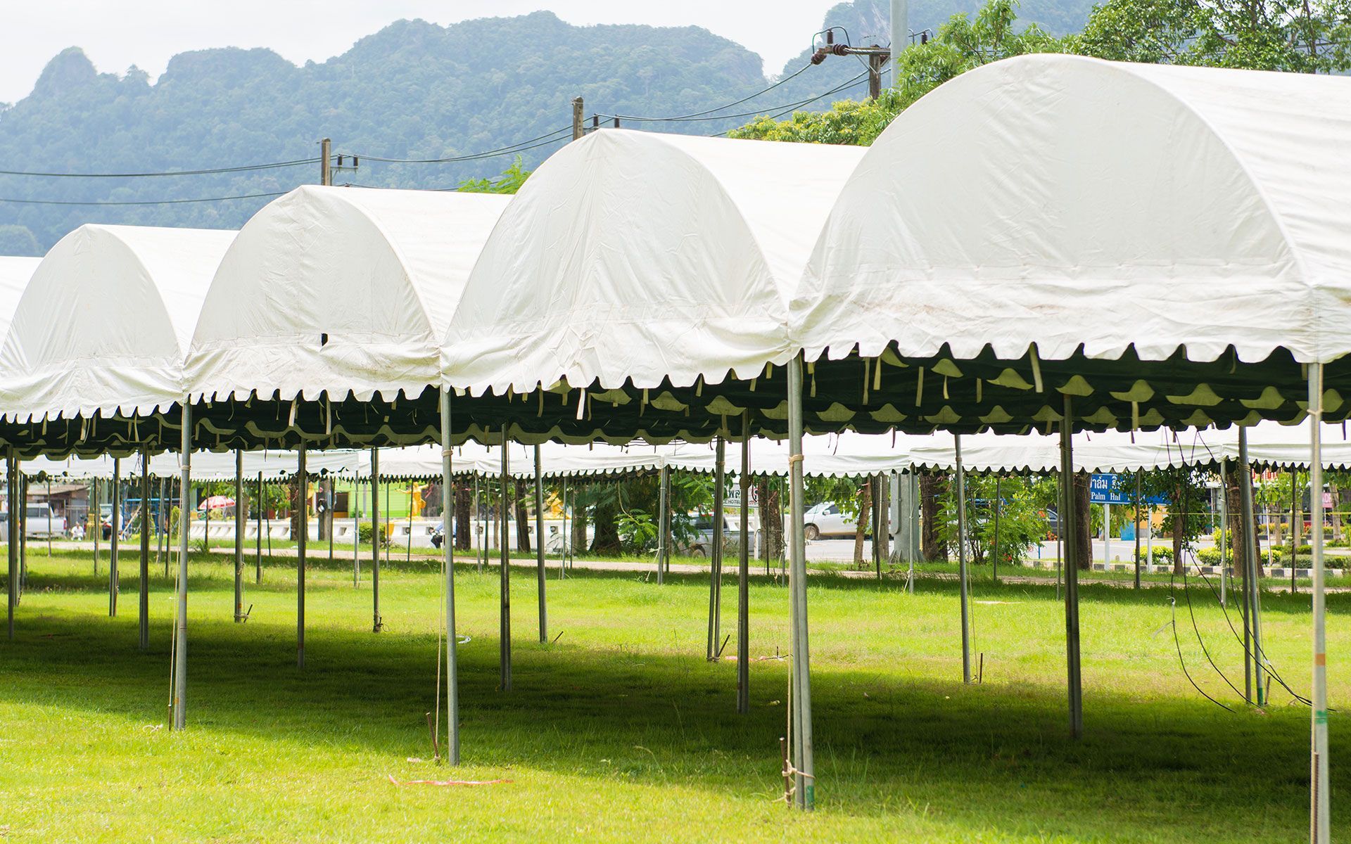 A row of white tents are sitting on top of a lush green field.